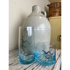 Vintage MCM Seagulls On Aqua Light Blue Glass Highball & Rocks Glass Set Retro